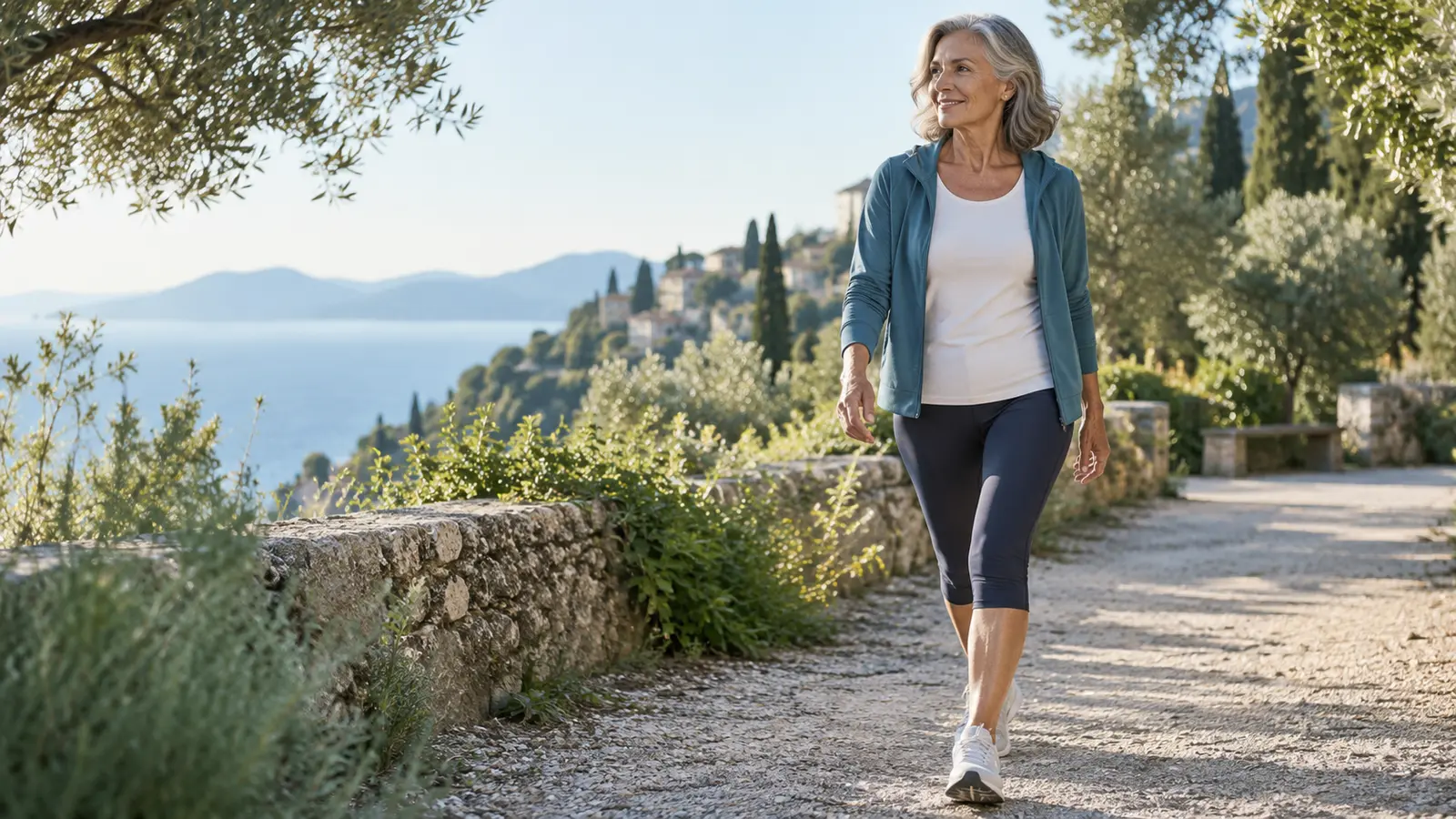 Donna matura cammina all’aperto per mantenere mobilità e benessere articolare