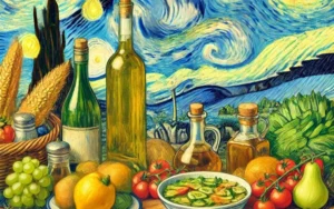 Illustrazione degli alimenti della dieta mediterranea con ortaggi, frutta, cereali, olio d’oliva e vino