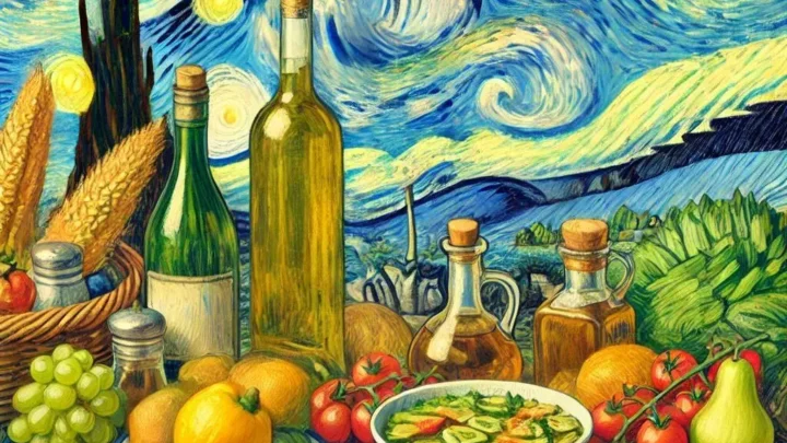 Illustrazione degli alimenti della dieta mediterranea con ortaggi, frutta, cereali, olio d’oliva e vino