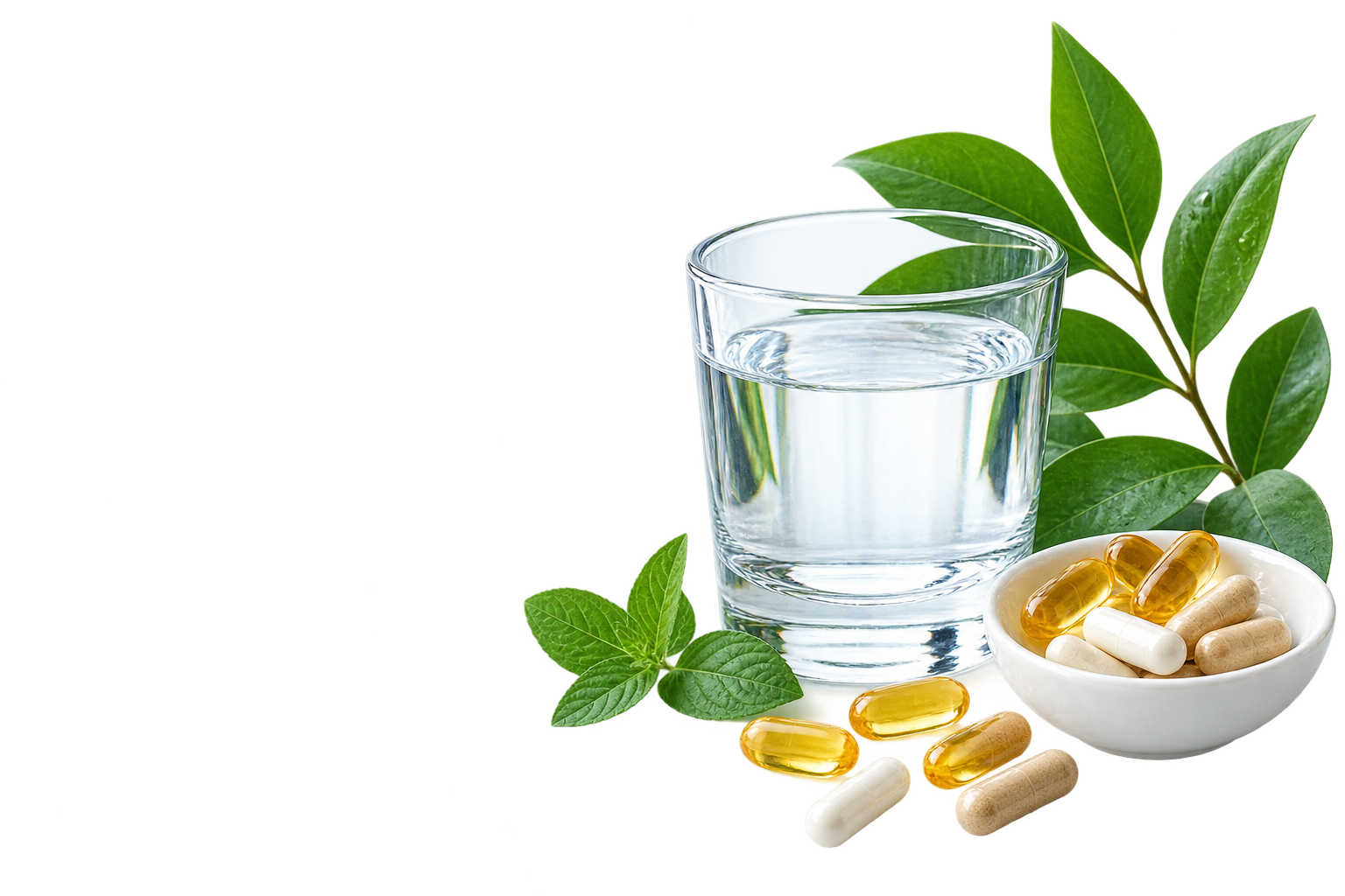 Benessere naturale con acqua, foglie e integratori
