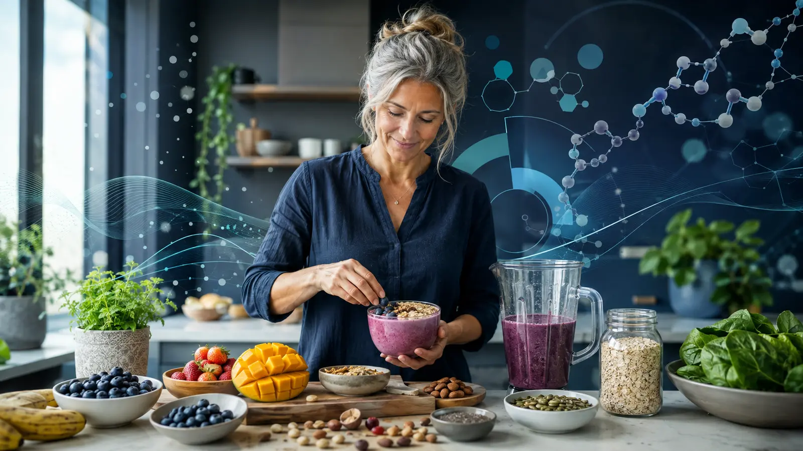 Preparazione di uno shake con frutta e alimenti nutrienti